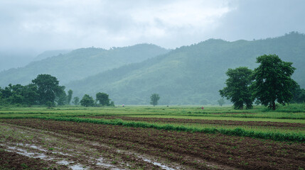 A Serene Landscape of Rolling Green Fields and Mountains Embraced by Gentle Rain&mdash;the Perfect Harmony of Nature's Beauty and Tranquility in a Lush Rural Setting
