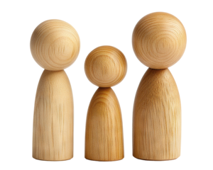 Set of three wooden figurines resembling family, isolated on transparent cutout background