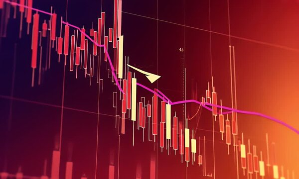
Red stock market background with an arrow pointing down, a candlestick chart, and a financial graph going downward on a red gradient background.