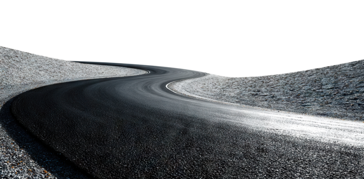 Curved asphalt road, isolated on transparent cutout