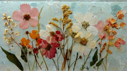 Pressed flower collage under translucent parchment paper 