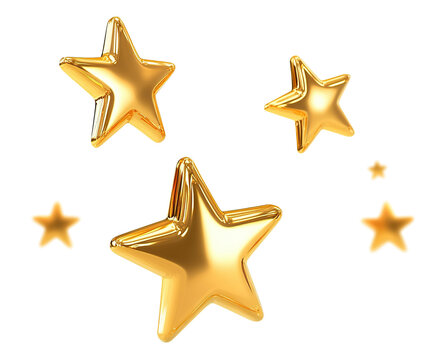 Shiny golden stars floating, isolated on transparent cutout background