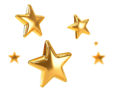 Shiny golden stars floating, isolated on transparent cutout background
