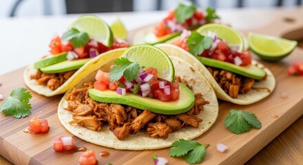 Fresh Tacos with Colorful Garnish on Wooden Table