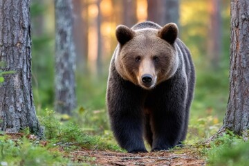 Fototapeta premium Brown bear walking in forest during golden hour sunlight
