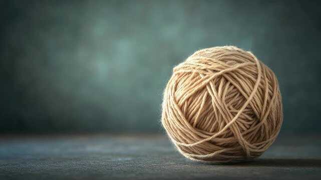 Ball of beige yarn on textured surface with blurred background