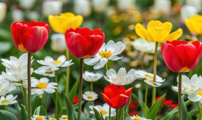 Fototapeta premium Red and yellow tulips blooming with white daisies in a garden setting