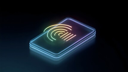 A futuristic smartphone design featuring a vibrant, glowing fingerprint sensor on its screen.