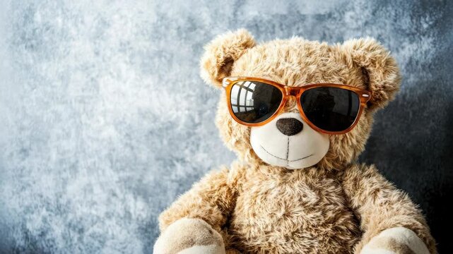 Bear wearing sunglasses, sitting against textured wall