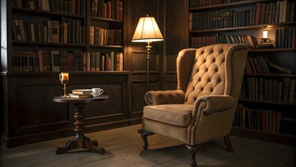 Classic Library Interior with Tufted Armchair, Bookshelves, and Warm Lighting Ambiance