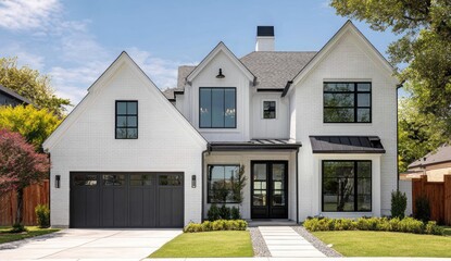 Modern Farmhouse Exterior, Suburban Home, Sunny Day, Landscaping