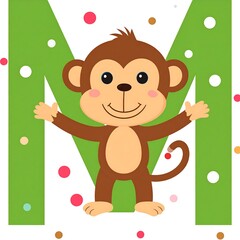 Obraz premium A happy monkey stands before a large green letter M, confetti surrounds them