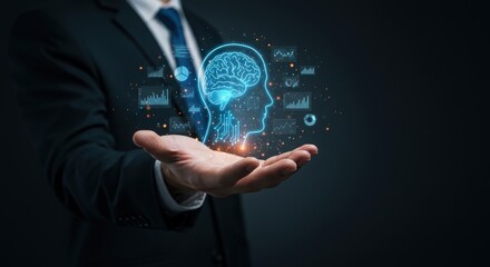 Businessman holding a glowing digital brain with data visualizations