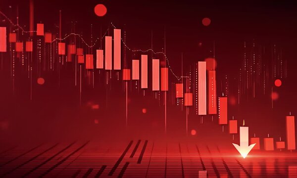 
Red stock market background with an arrow pointing down, a candlestick chart, and a financial graph going downward on a red gradient background.