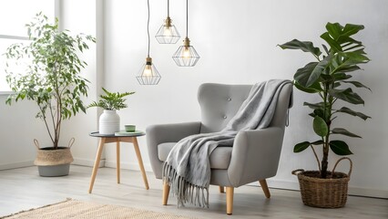 Cozy Reading Nook with Armchair, Plants, and Pendant Lights in a Bright Interior Space