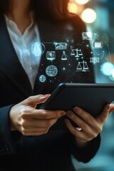Business woman holding tablet with glowing law and justice icons showing modern legal technology concept