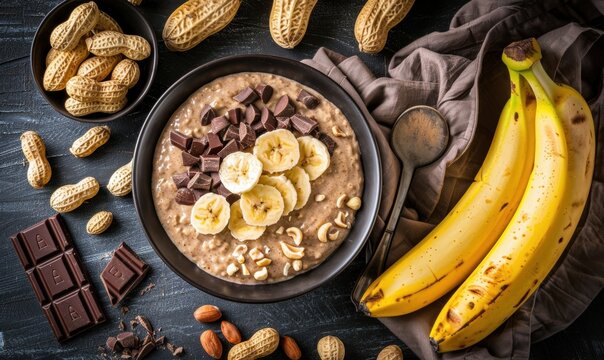 Healthy oatmeal breakfast bowl with banana chocolate and peanuts overhead