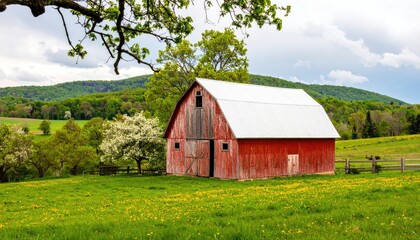 Obraz premium A weathered red barn with a white metal roof stands in a green field dotted with yellow flowers, trees, and a mountain range in the background.