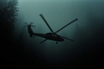 Naklejka premium Helicopter hovers silently above dense forest shrouded in fog during night. Mysterious atmosphere evokes suspense and intrigue.