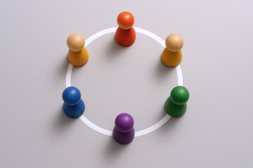 Obraz premium Teamwork Concept: Colorful Wooden Figures Arranged in a Circle, Symbolizing Collaboration and Unity on Gray Background
