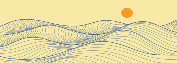 Ocean wave landscape illustration. Creative minimalist modern line art print. Abstract contemporary aesthetic backgrounds landscapes. with Ocean, sea, skyline, wave and sunset	