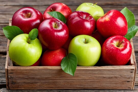 Ripe red and green apples overflowing a rustic wooden crate
