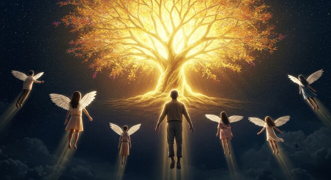Angelic Figures Ascending Towards a Luminous Golden Tree in a Celestial Realm