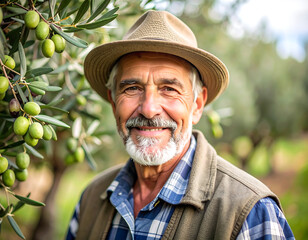 Smiling senior farmer in olive orchard