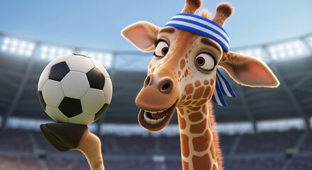 A cartoon giraffe in a headband balances a soccer ball on its hoof in a stadium.