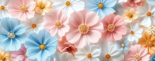 Flowers in pastel pink, blue, yellow, and white, arranged in a seamless repeating pattern for a gentle, spring-like design, Generative AI