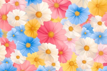 Flowers in pastel pink, blue, yellow, and white, arranged in a seamless repeating pattern, creating a delicate and fresh look, Generative AI
