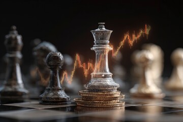 Chessboard view with a transparent queen on gold coins overlaid with a candlestick chart