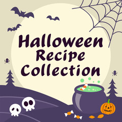 Obraz premium Spooky halloween recipe collection featuring a cauldron pumpkins skulls bats and spiders for festive treats and decorations