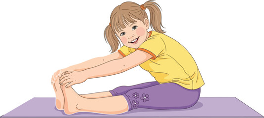 A girl stretching forward touching her toes while sitting on a yoga mat