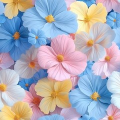 Naklejka premium Flowers in pastel pink, blue, yellow, and white, arranged in a seamless repeating pattern for a soft and feminine touch, Generative AI