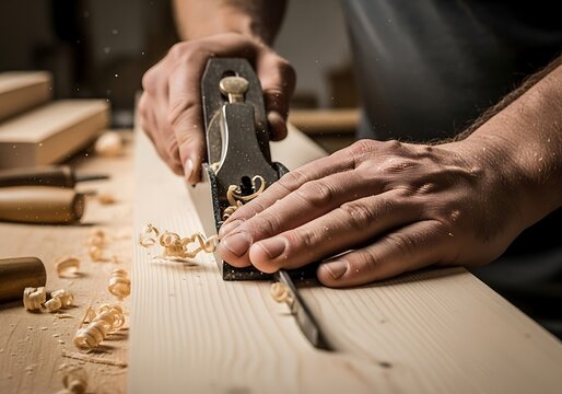 Close-up of a skilled carpenter's hands smoothing a wooden plank with a traditional hand plane in a workshop