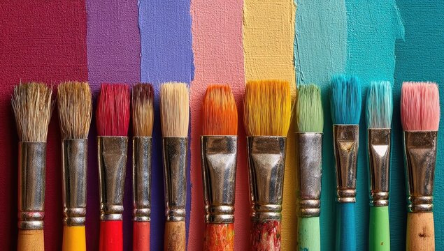 Colorful paintbrushes of various sizes and colors line up against a vibrant rainbow gradient
