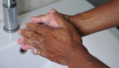 Fototapeta premium A pair of dark-skinned hands lathered with soap are being rubbed together over a white sink.