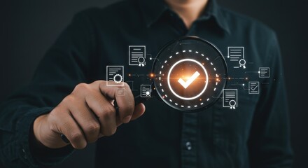 Man touching digital interface with glowing checkmark and data visualizations