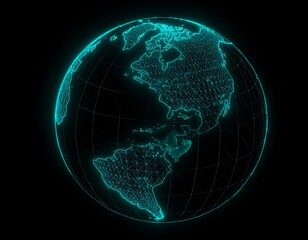 A glowing teal digital globe, showcasing the Americas with a wireframe structure against a black background