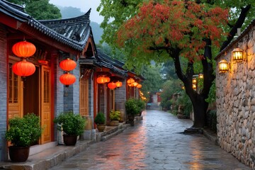 Fototapeta premium Red lanterns illuminating traditional chinese street at dusk