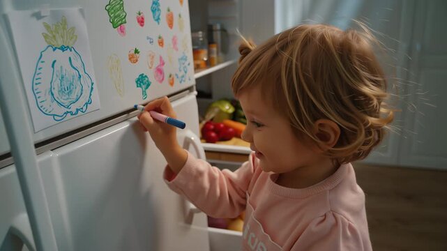 A child is drawing on a refrigerator with a marker. The refrigerator is full of food, including carrots, broccoli, and a sandwich. The child is using the marker to draw various fruits and vegetables
