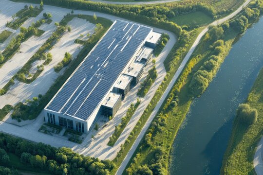 Aerial view capture of a large scale data center with solar panels located near a river and surrounded by green areas