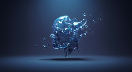 Futuristic Shattered Crystal Skull with Neon Lighting in Dark Studio