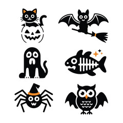 Cute Halloween Icons Featuring Black Cat Pumpkin Ghost Bat Fish Spider and Owl cartoon