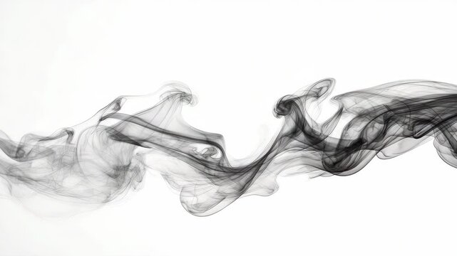 Abstract black smoke swirls and curves against white background