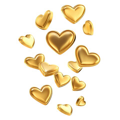 Set of shiny golden hearts flying in air, isolated on transparent cutout background