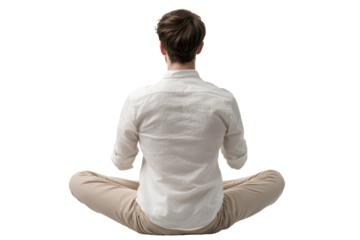 Isolated individual sitting cross-legged in a calm and serene environment, showcasing a relaxed posture and stylish appearance during meditation practice