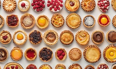 Overhead shot of assorted mini dessert pies with various fillings and crusts
