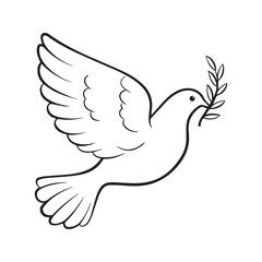 Dove of peace flying with an olive branch. Christian symbol of the Holy Spirit and hope. Black and white line art vector illustration, coloring page.
